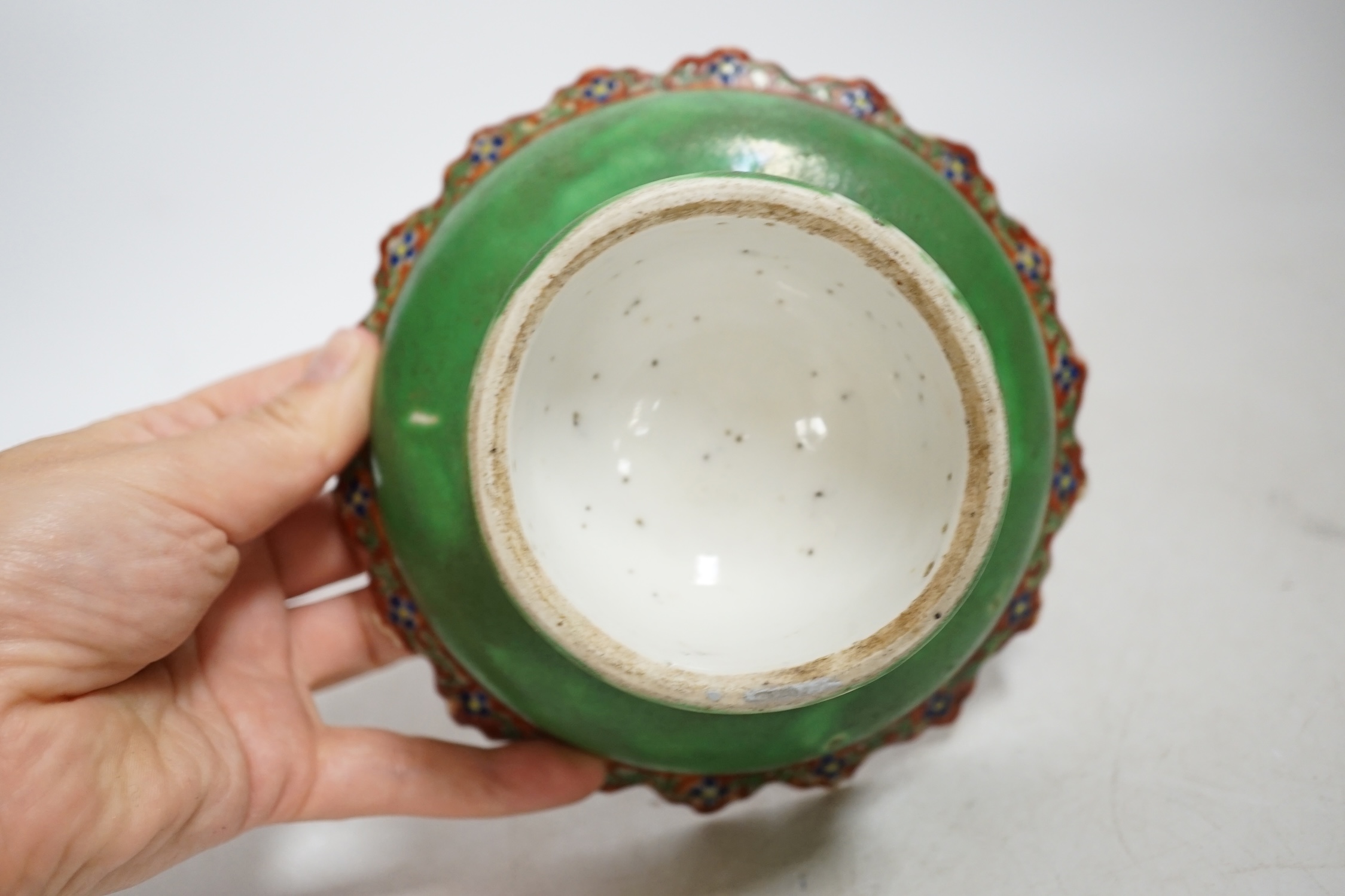 A Chinese enamelled porcelain stem dish, late 19th century possibly Thai market, 14cm diameter. Condition - fair